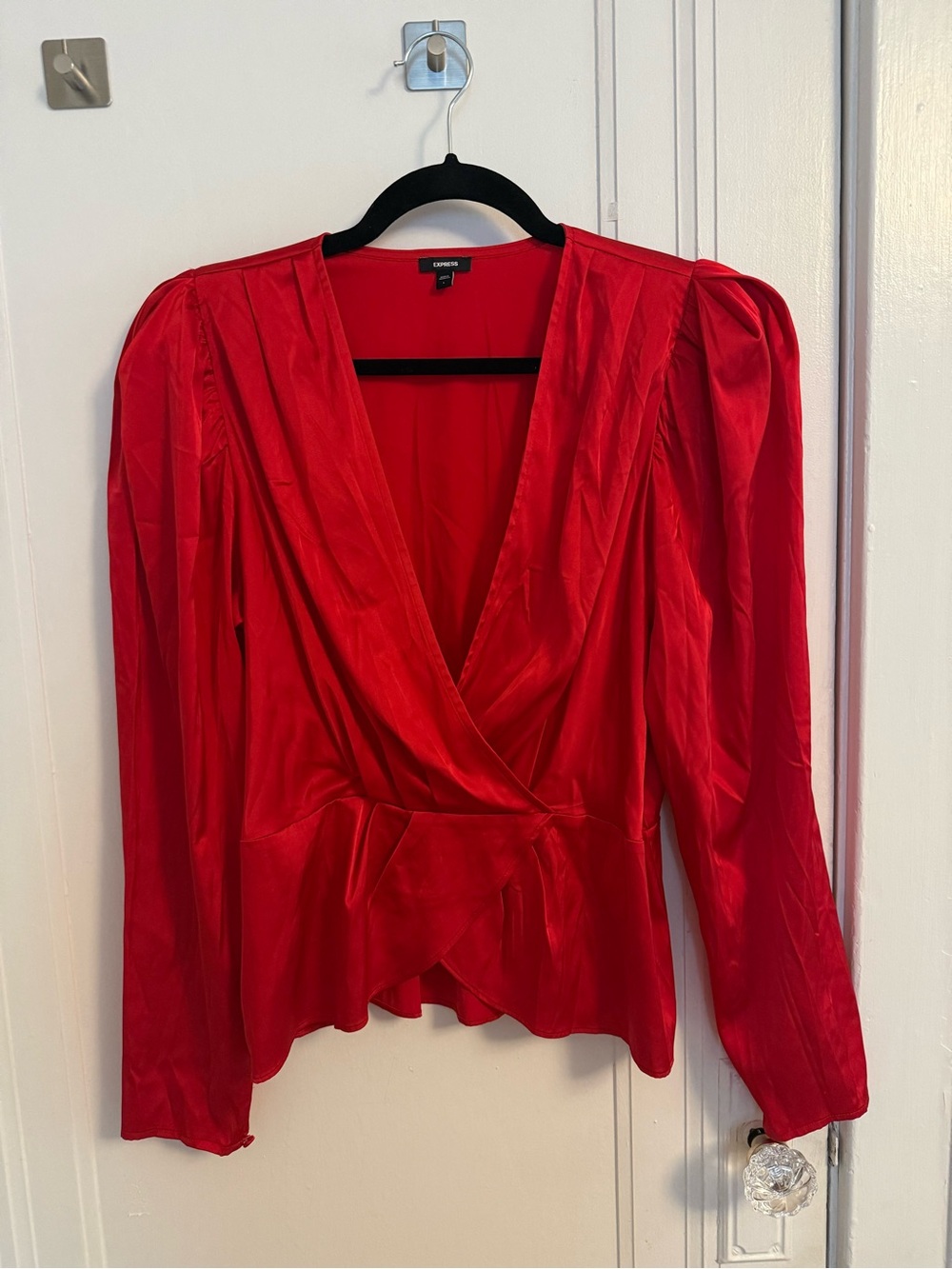 Express Red Satin Wrap Peplum Blouse